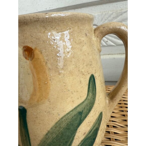 Antique 1910s Stoneware Milk Water Pitcher Yellow Tulips Farmhouse Primitive - Picture 11 of 15